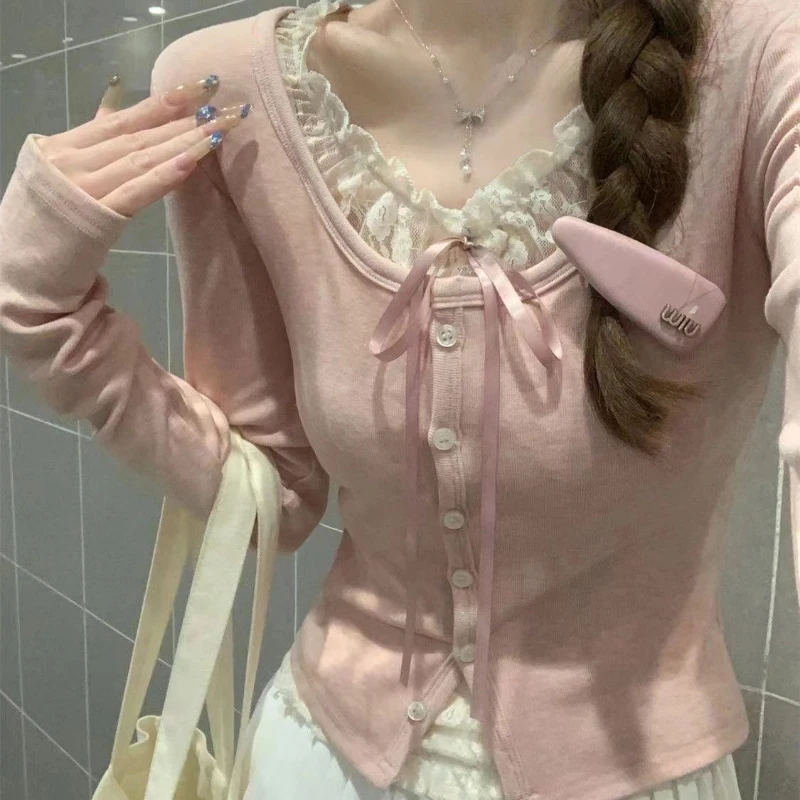 

Spring Autumn New Fake Two Pieces Lace Patchwork Sweet Tops Long Sleeve Slim Button Korean T Shirts Fashion Trend Women Clothing