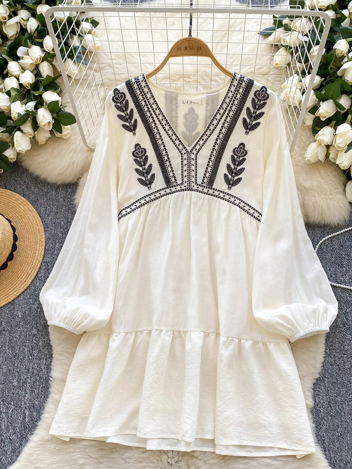 Ele Sweet Embroidered Heavy Work Loose Fitting Lantern Sve V Ne a Line  Dr for Women Spring Commute Sle