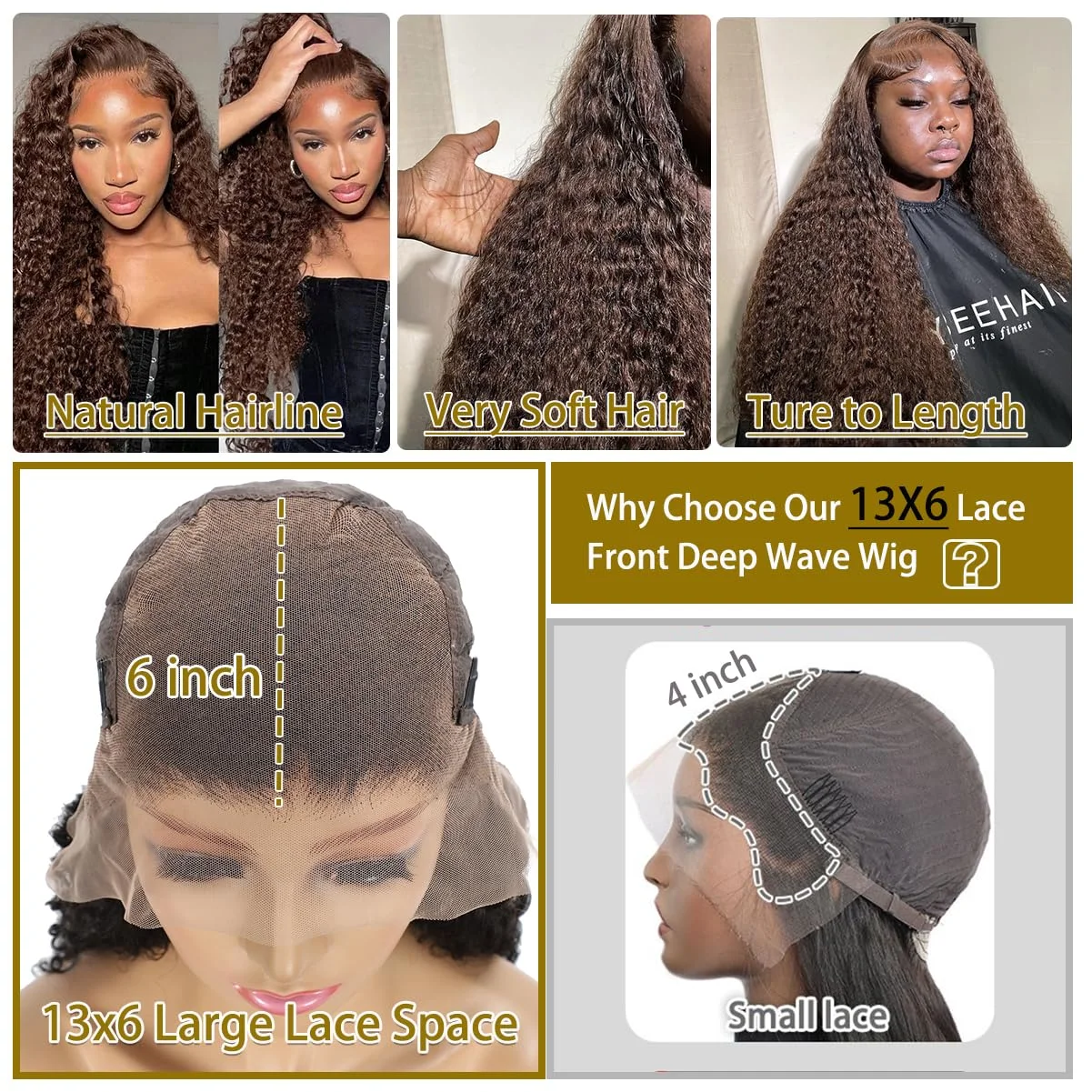 الشوكولاته براون موجة عميقة الجبهة باروكة من شعر طبيعي 100% 13x6 HD الدانتيل الجبهة قبل قطعها مع شعر الطفل الشوكولاته براون شعر مستعار مجعد