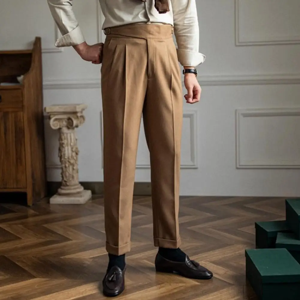 English Style Men Suit Pants Zipper Closure Adjustable Waist Straight Leg Slacks Solid Color Loose Formal Business Trousers