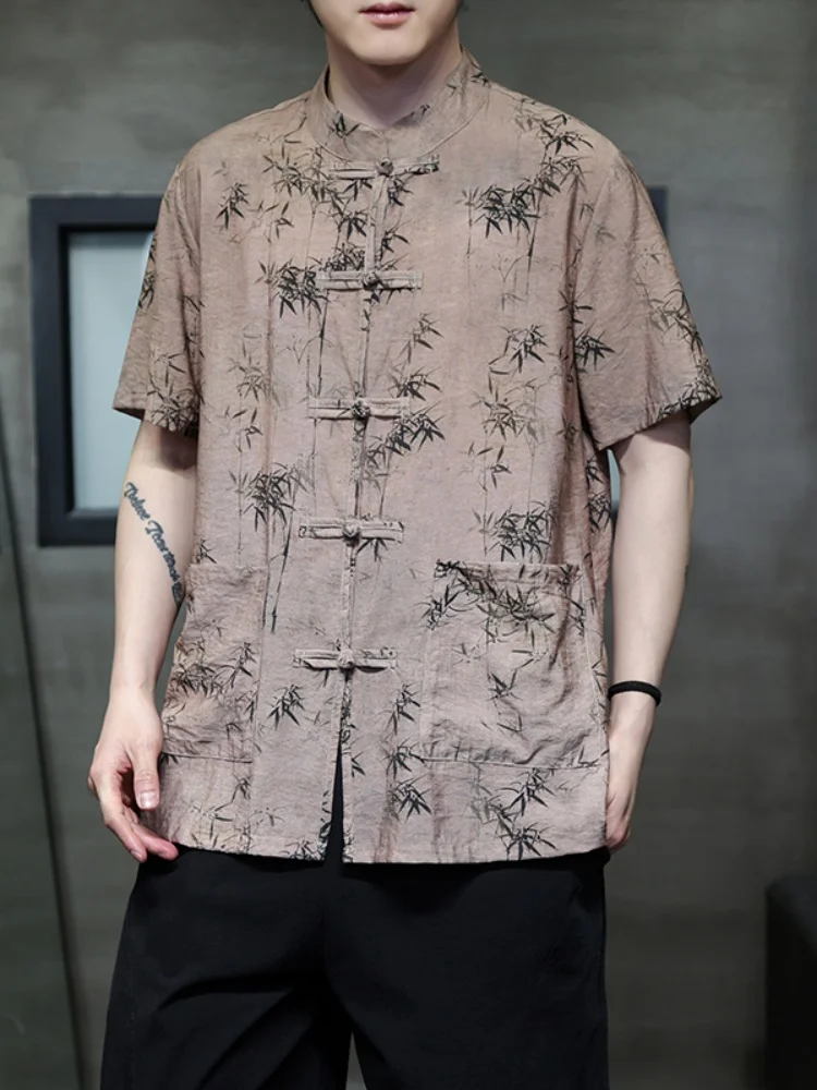 

Ice Silk Men's irt ort Sve Summer New Five-Point Middle Sve T-irt Chinese Sle New Faion Hanfu Tang Costume