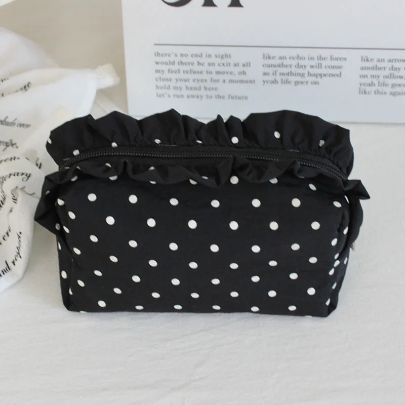 Korean Style Ruffled Polka Dot Makeup Bag Portable Zipper Cosmetic Pouch Travel Toiletry Storage Bag for Girls