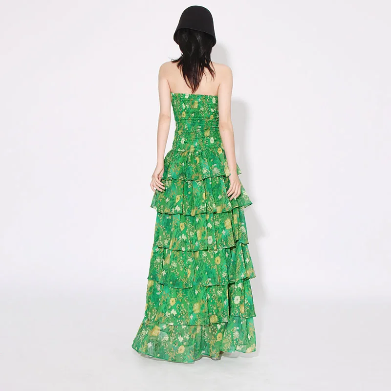 HKSH Women Beach Vacation Dress Strapless Printed Waist Cinching Multi-layer Ruffled Elegant Trend Casual Dresses Summer HK23260