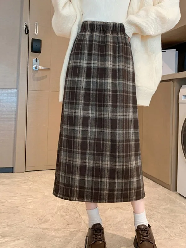Autumn Winter Plaid Slim Fit Wrap around High Waist Half Body Skirt Sexy Style Versatile Woolen Skirt for Young Women