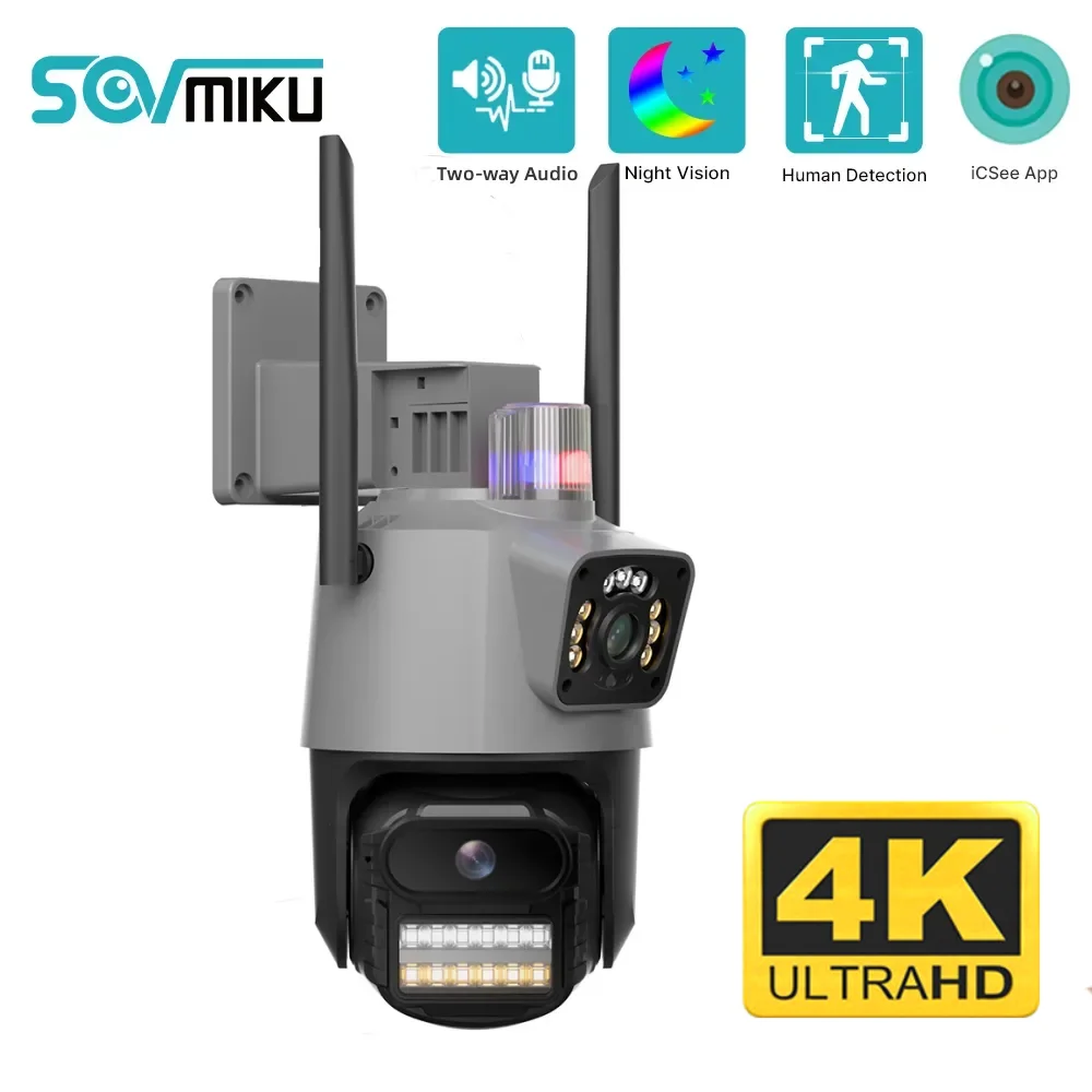 SOVMIKU 8MP 4K IP Camera Dual Lens Smart WiFi PTZ Camera Security CCTV Video Surveillance Camera With Police Light Alarm