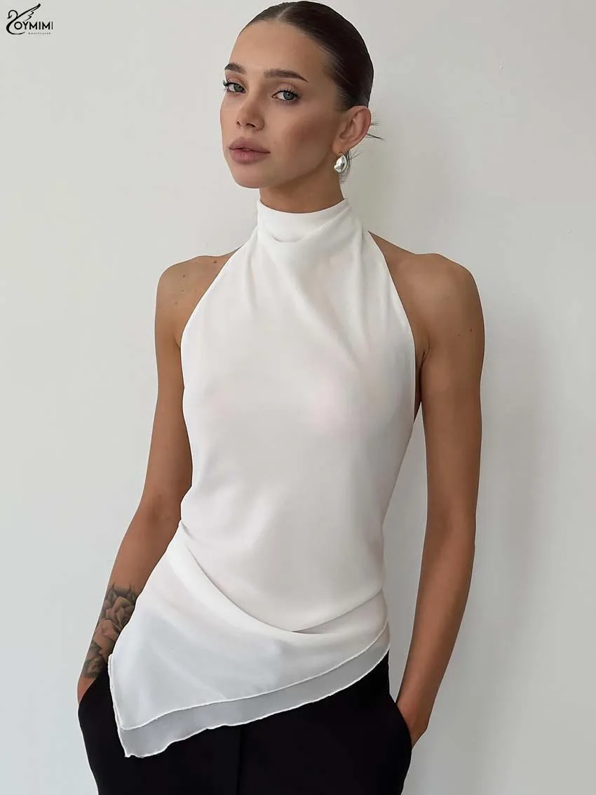 

Oymimi Fashion White Halter Neck Women's Blouses Elegant Lace-Up Open Back Sleeveless Blouses Casual Slim Simple Solid Blouse