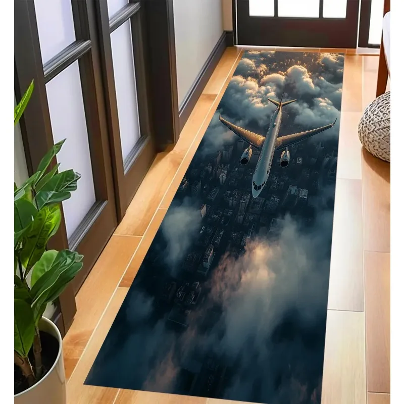 2D Airplane Runway Runner Rug Night Flight Illusion Decor Aviation Themed Long Carpet Soft Non-Slip Floor Mat for Hallway