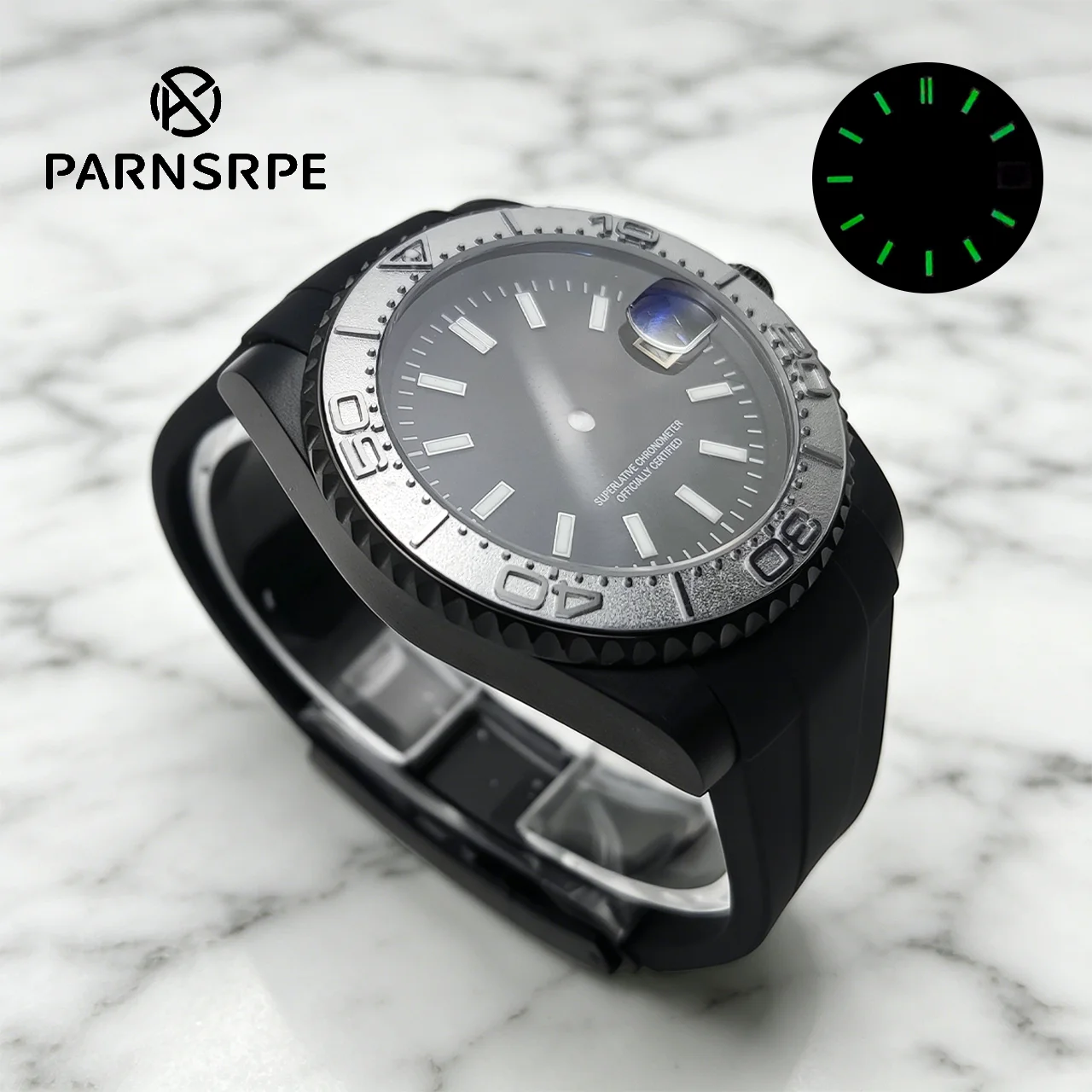 

40mm Black Watch Case Silver Matte Bezel Rubber Strap Steel Buckle Sapphire Glass Transparent Back Waterproof Parts For NH35