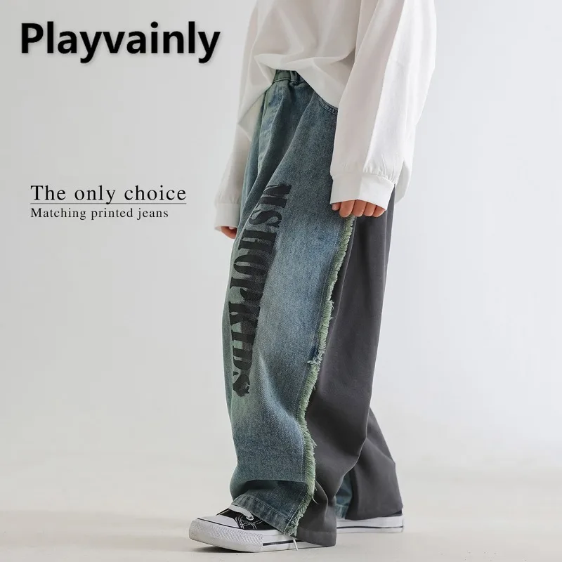 

Boys Spring Autumn Fashion Jeans Grey Blue Color Blocking Letter Print Wide Leg Denim Pants Kids Loose Casual Trousers A05040