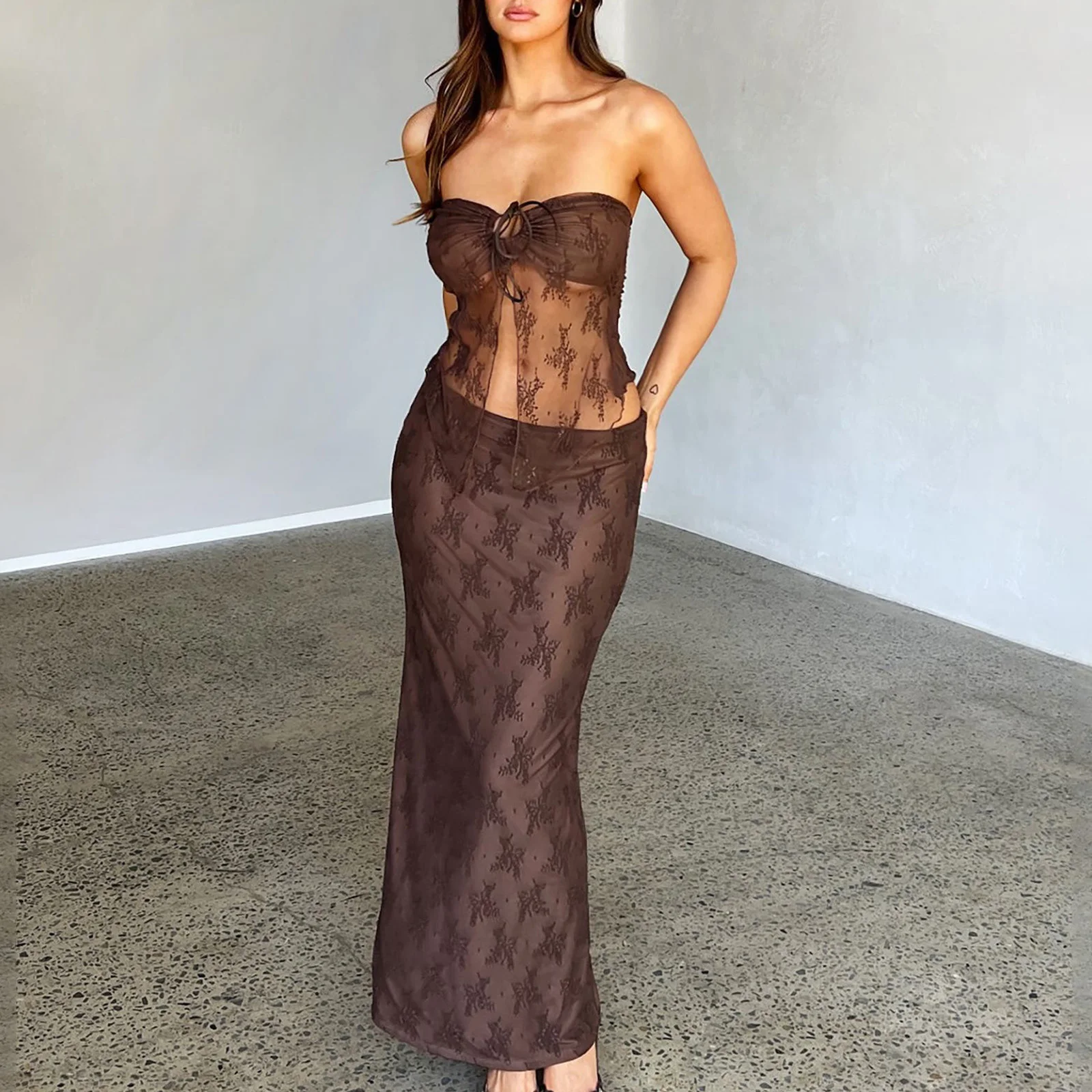 Lace Mesh Sheer Long Skirt 2 Piece Set Summer Women Strapless Drawstring Lace Tube Tops + Long Skirt Set Outfits Clubwear