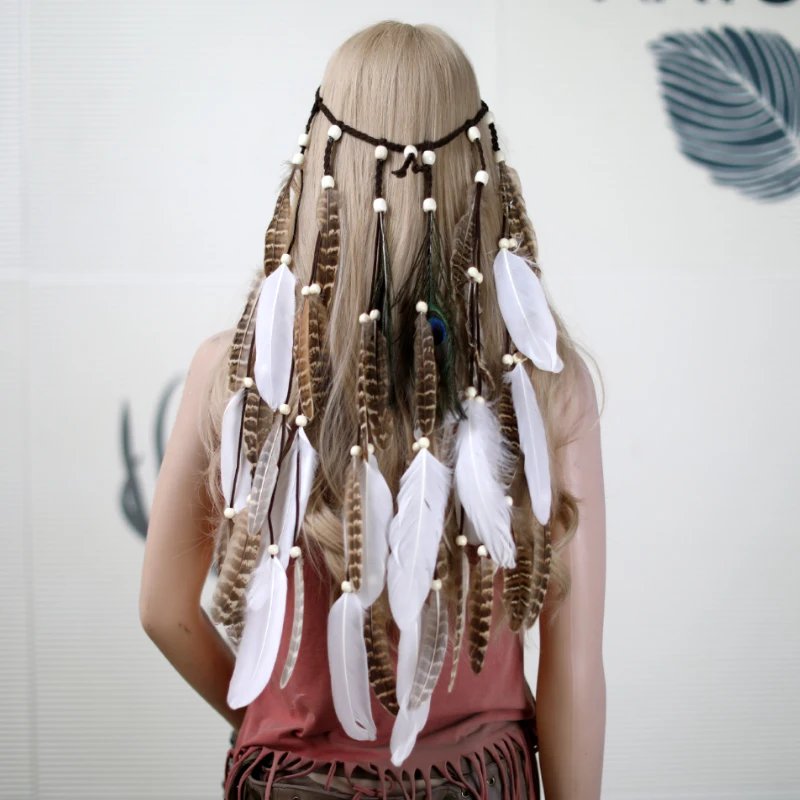 Резинка для волос эластичная с перьями, регулируемая повязка на голову с фазаньскими перьями, модные плетеные аксессуары для волос в богемном стиле Резинка для волос эластичная с перьями, регулируемая повязка на голову с фазаньскими перьями, модные плетеные аксессуары для волос в богемном стиле