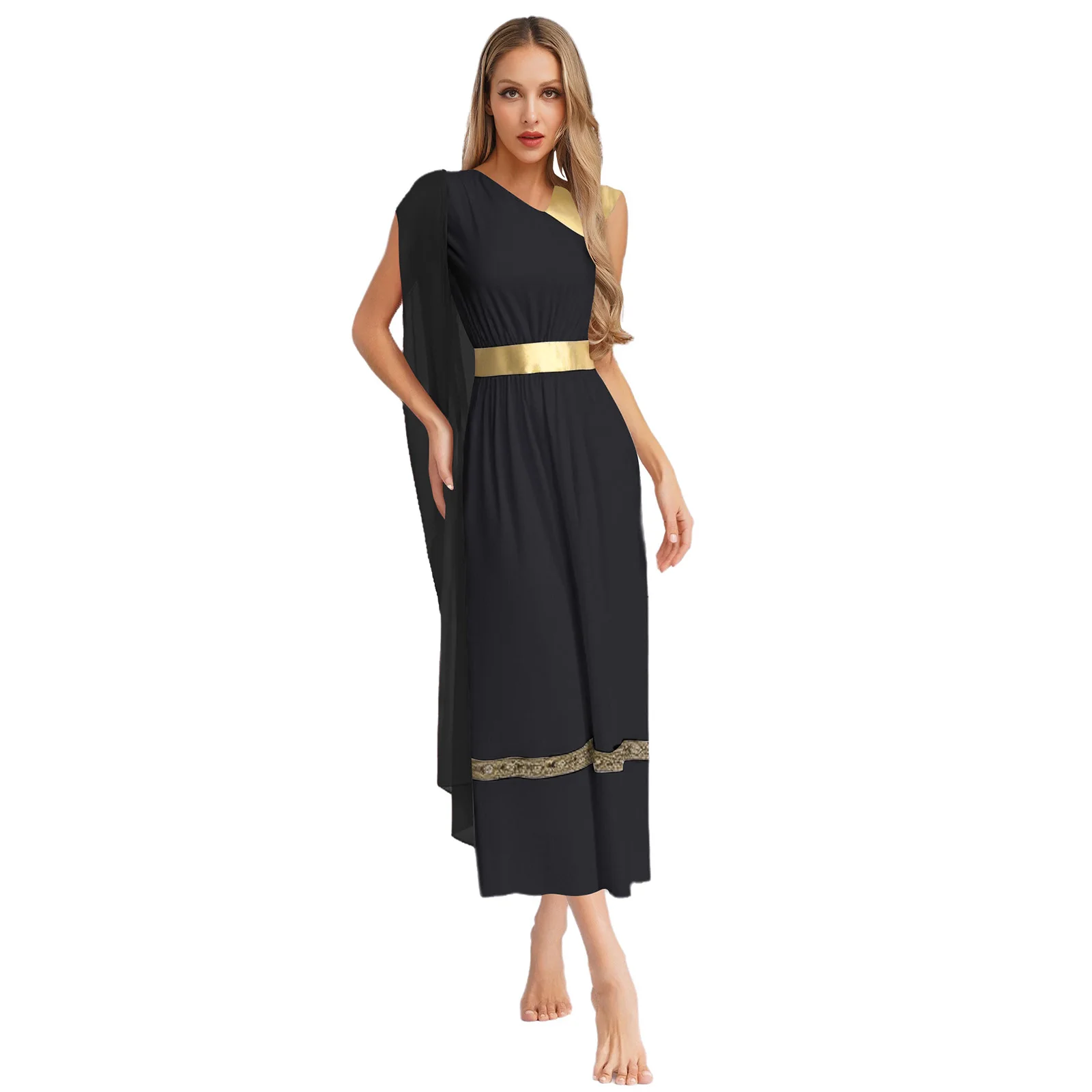 

Women Ancient Greek Egyptian Princess Costume Sleeveless High Waist Tunic Dress Golden Roman Empress Toga Halloween Costume
