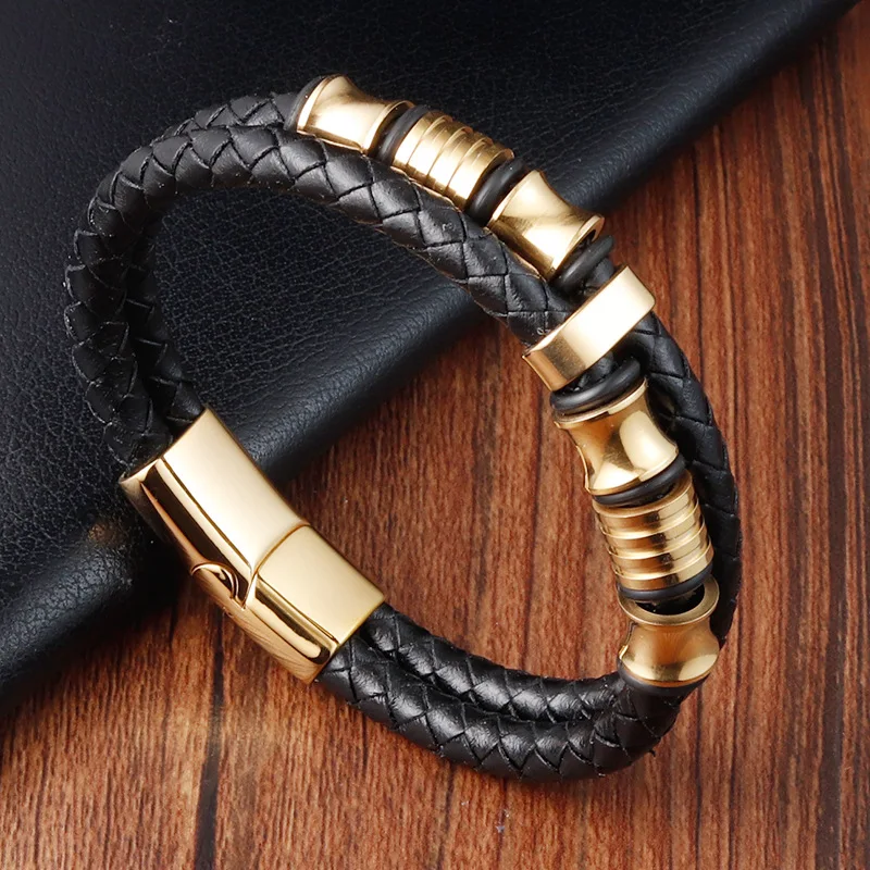 

Fashionable cowhide men's stainless steel genuine leather braided handmade multi-layered leather bracelet bracelet jewelry