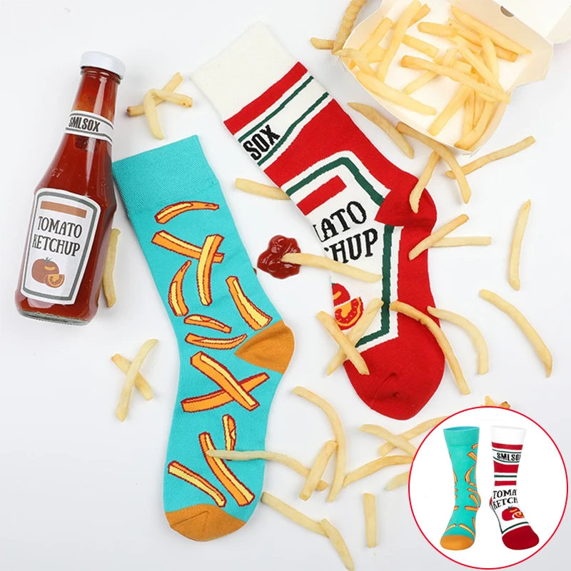 Lustige Socken mit Tomaten-Ketchup- und Pommes-Frites-Motiv, Baumwollsocken im AB-Stil, mittelhohe Socken mit Lebensmittelmotiven, kreative, abstrakte, originelle Paar-Socken. – Detail 1