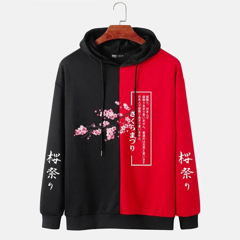 CharmkpR 2023 Japanese Style Fashion Men\'s Cherry Blossoms Print Sweatshirts Casual Two Tone Patchwork Drawstring Hoodies S-2XL