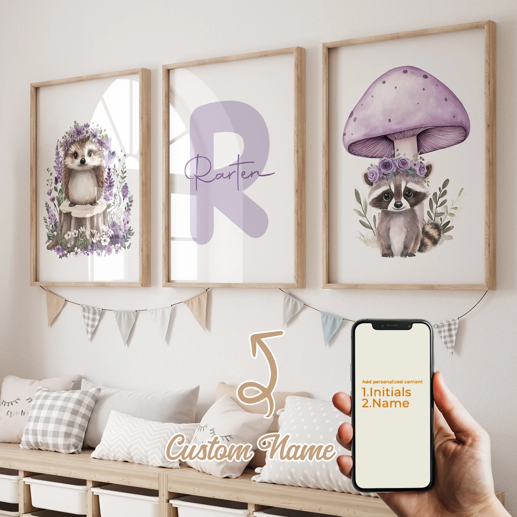 

3pcs Personalized Name Custom Purple Hedgehog Raccoon Flower Mushroom Wall Art Print Picture Living Room Kids Room Home Decor