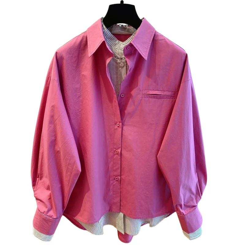 

SuperAen Korean Style Design Patchwork Shirt for Women 2025 New Autumn Loose Solid Color Cotton Long-sleeved Shirts