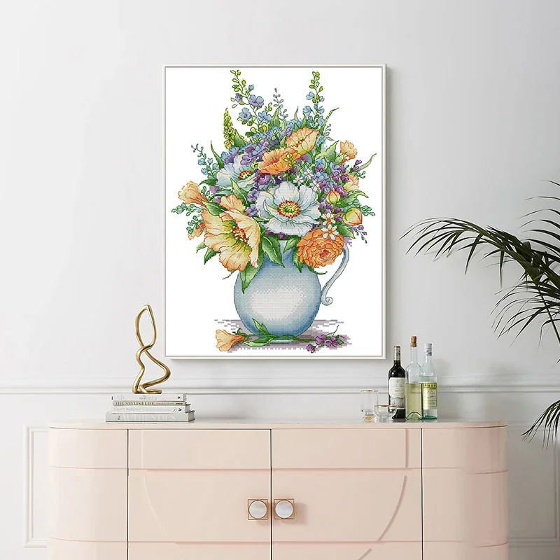 Flower Pattern Peony Vase Cross Stitch DIY Hand Embroidery Kits 14CT 11CT Canvas Sewing Sewing Set Dining Room Decor Painting