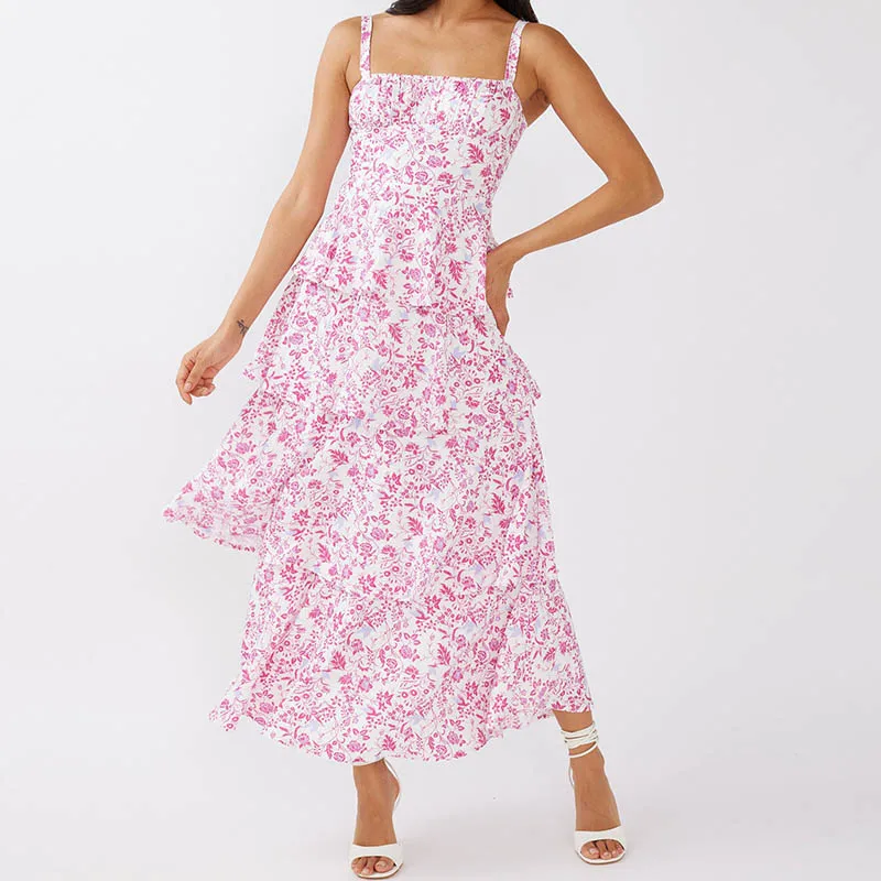 Maemukilabeผู้หญิงBohoดอกไม้MaxiชุดY2kสปาเก็ตตี้Backless RuffleฉัตรFlowyฤดูร้อนBeach Sundress
