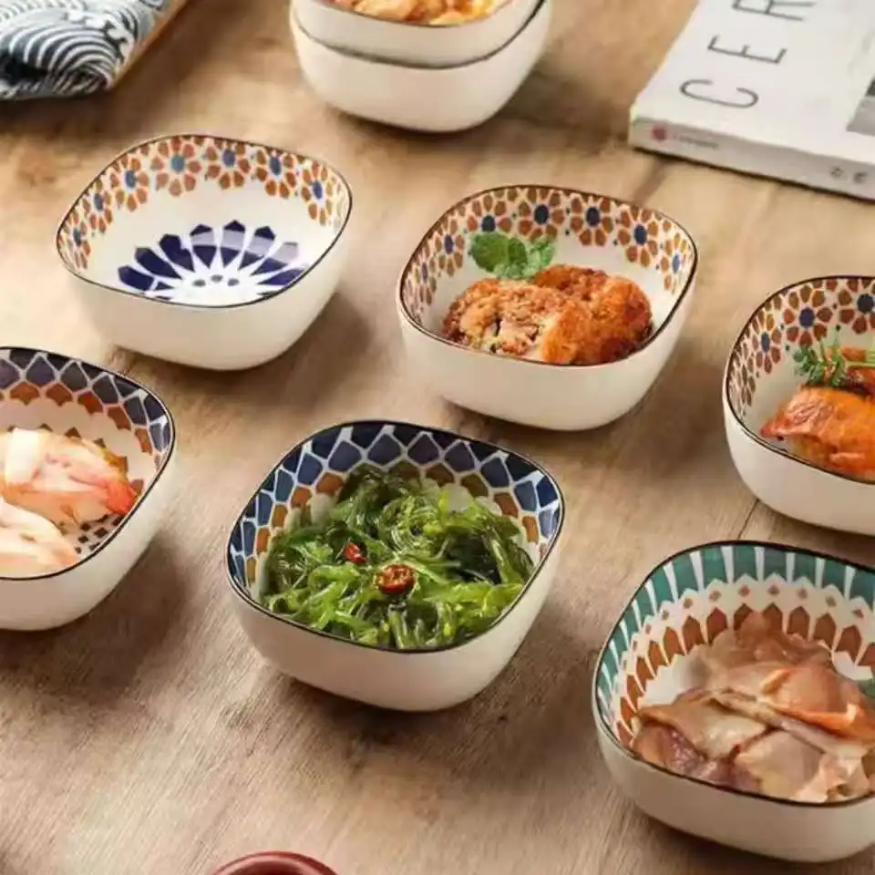 6pcs Japanese Ceramic Square Sauce Plates Underglaze Sushi Dishes Sauce Mustard Bowls Appetizer Plates