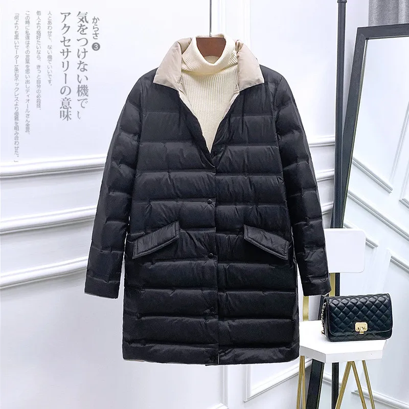 Autumn Winter Reversible Down Jacket Women Warm Light Thin White Duck Down Coat Parka Female Single-breasted Midi Long Outwears