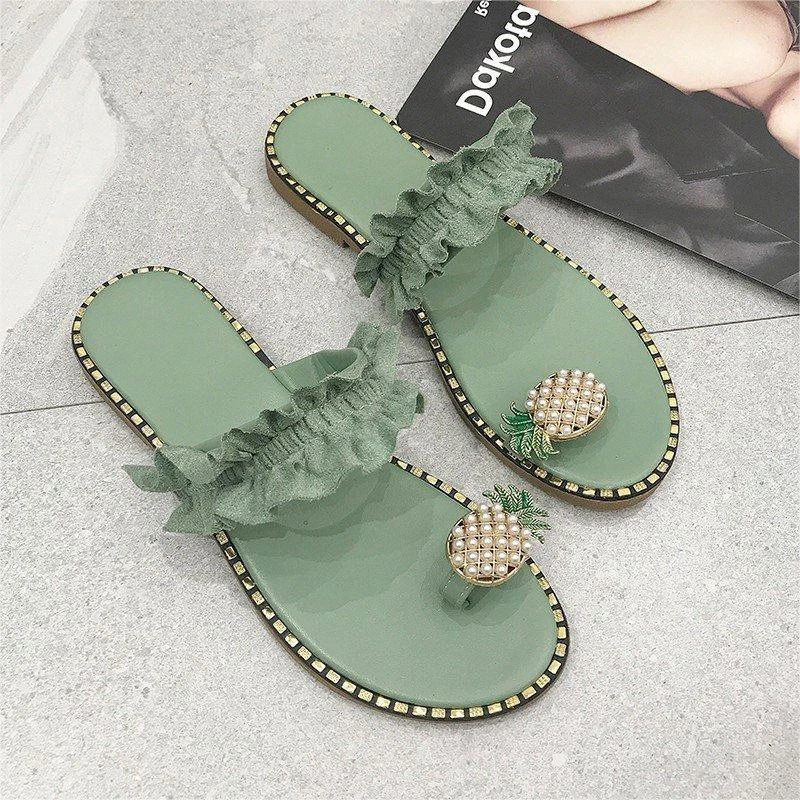 2024 Summer Casual Large Size Toggle Toe Pineapple Buckle Decorated Rose Pattern Flower Green Fruit Cool Flat Slippers