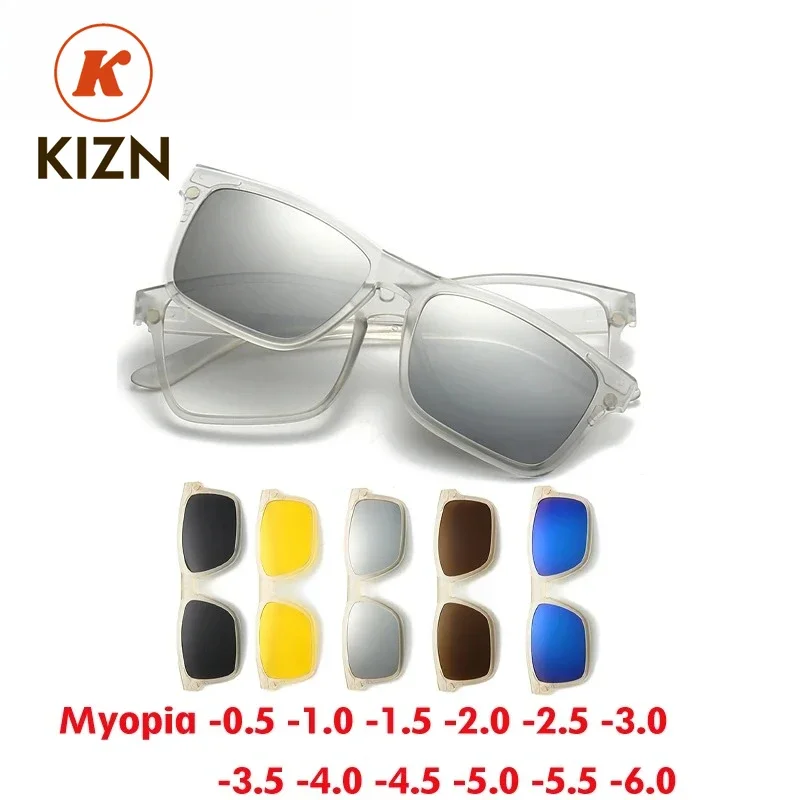 

Спортивные солнцезащитные очки KIZN с прозрачной квадратной оправой для женщин, 6 в 1, с магнитными клипсами, поляризованные очки для мужчин, корригирующие очки -0