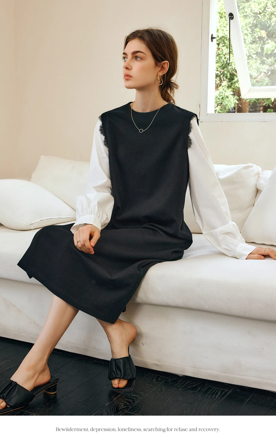 OLrain Black Dress Women's Spring 2025 New Design Sense Splicing Lace Temperament Straight Skirt M57Cl95960