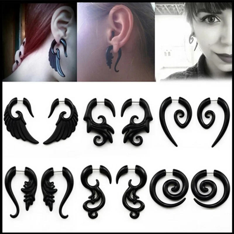 1Pair Black Acrylic Spiral Fake Ear Plug Earring For Women/Men Gothic Tapers Gauges Earring Cheater Plug Piercing Body Jewelry