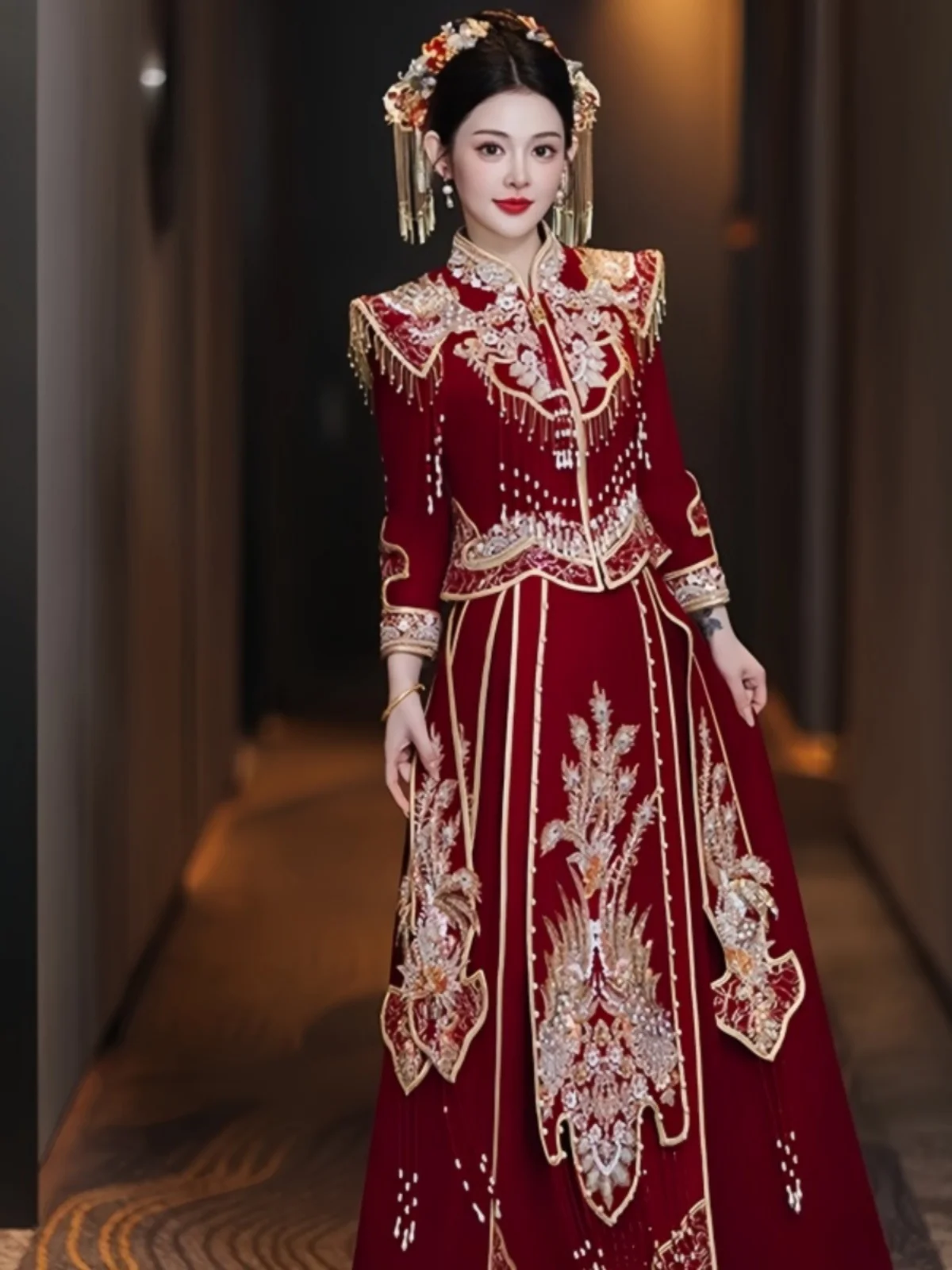 

plus Size Wedding Dr Xiu He orm Velvet Heavy Embroidery Long Sve Dragon And Phoenix Pattern for Young Brides 8-25