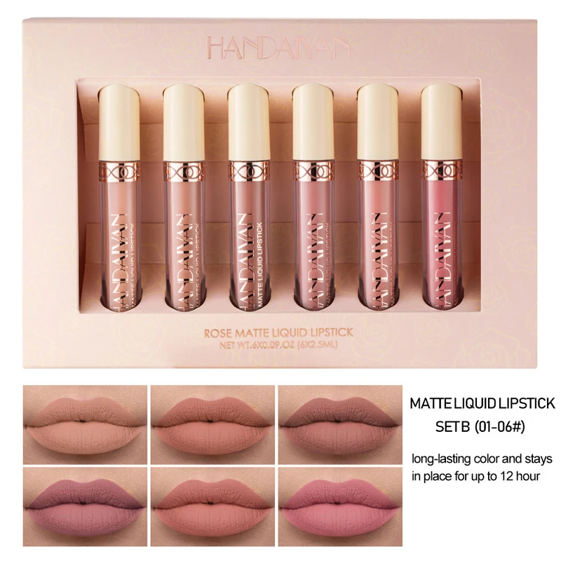 HANDAIYAN 6pcs/ Box Lipstick Set Matt Nude Velvet Lip Gloss Lips  Waterproof Longlasting  for Makeup Cosmetics Set