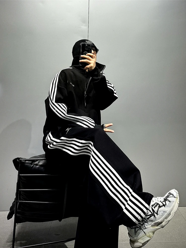 

Bla Five Bars Sports Set Men's Trendy ort Wide Casual Sweatirt Cardigan Fitn Wide Leg Pants Spring Cotton Long Sve