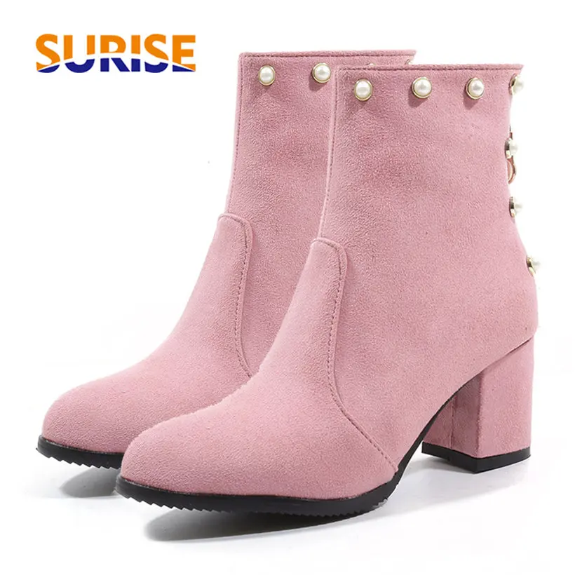 Big Size Winter Autumn Women Ankle Boots High Square Heels Pink Flock Stud Pearl Round Toe Casual Office Lady Zipper Short Boots