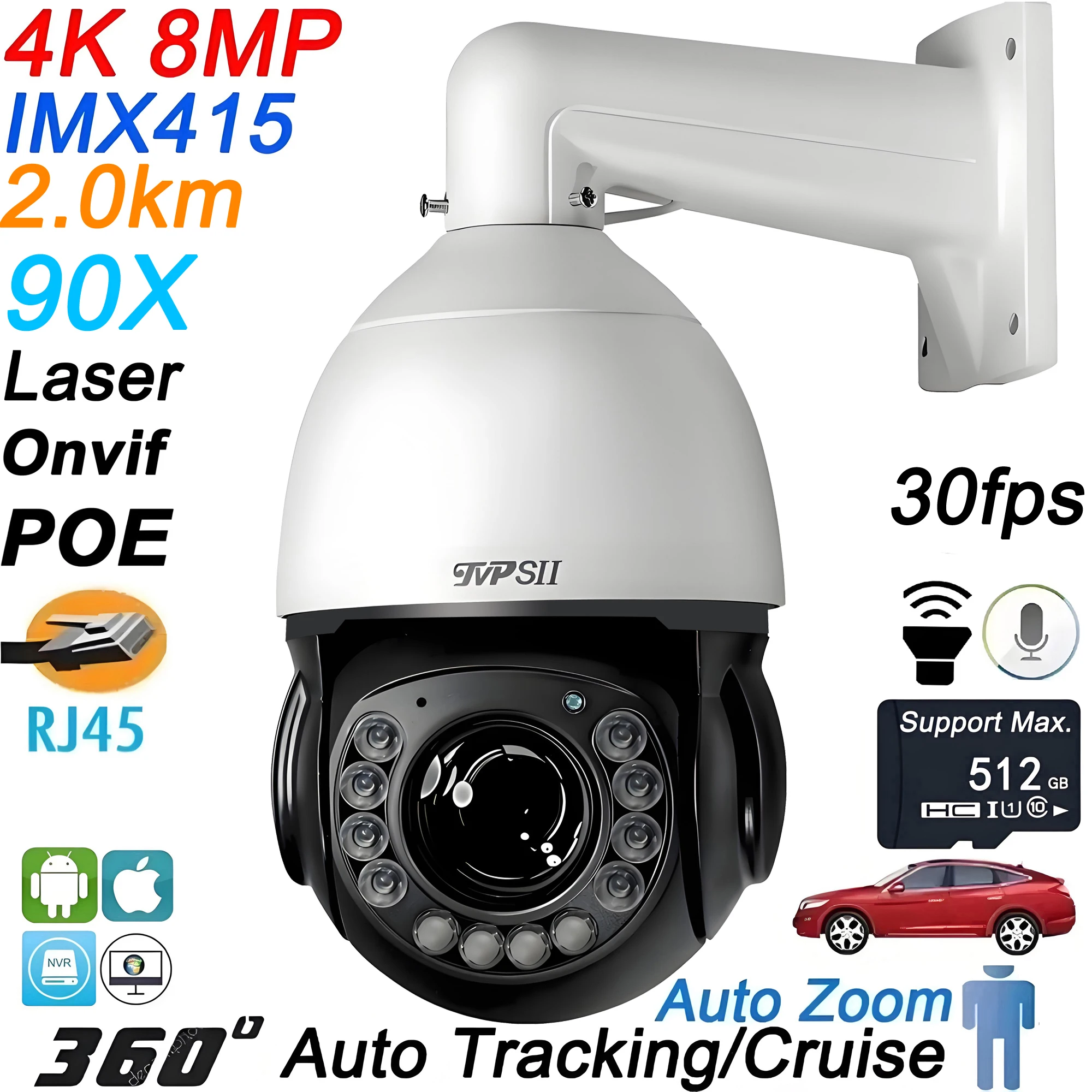 

Металл Макс.512G Автоматическое отслеживание автомобиля Человек 8 МП 4K H.265+ 90-кратный оптический зум 360 ° Аудио наружная скоростная купольная IP-камера ONVIF POE PTZ