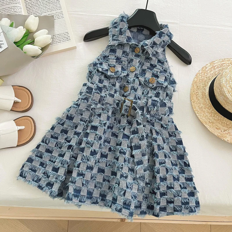 

Girl's denim dress2025Summer New Little Girl Plaid Vest Dress Princess Dress Wholesale