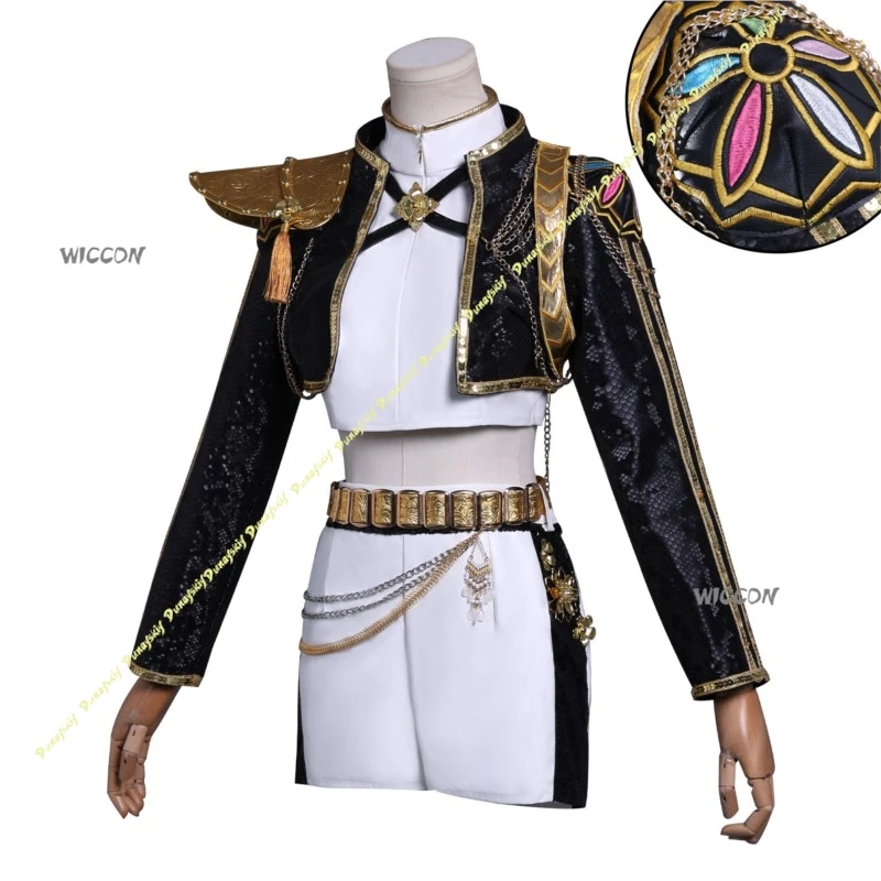 KPop Demon Hunters Costumi Cosplay Rumi Nero Abito da palcoscenico Cappotto Pantaloni Intimo Parrucca Accessorio Orecchino Cintura Natale Halloween
