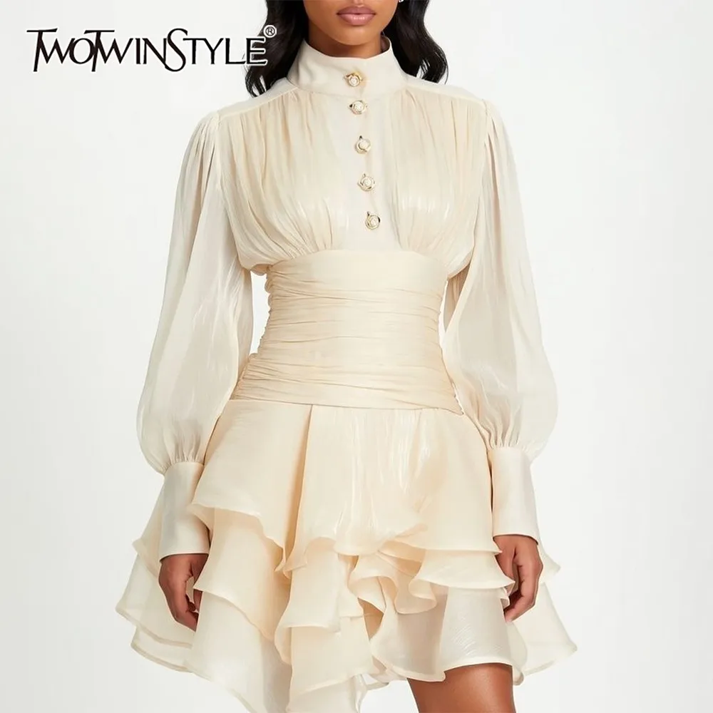 TWOTWINSTYLE Solid Spliced Ruffles Dress Female Stand Collar Long Sleeve Loose French Elegant Women's Dresses Autumn Fashion New