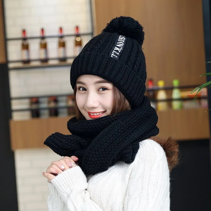 Winter Knitted Scarf Hat Set Thick Warm Skullies Beanies Hats for Women Outdoor Cycling Riding Ski Bonnet Caps Scarf