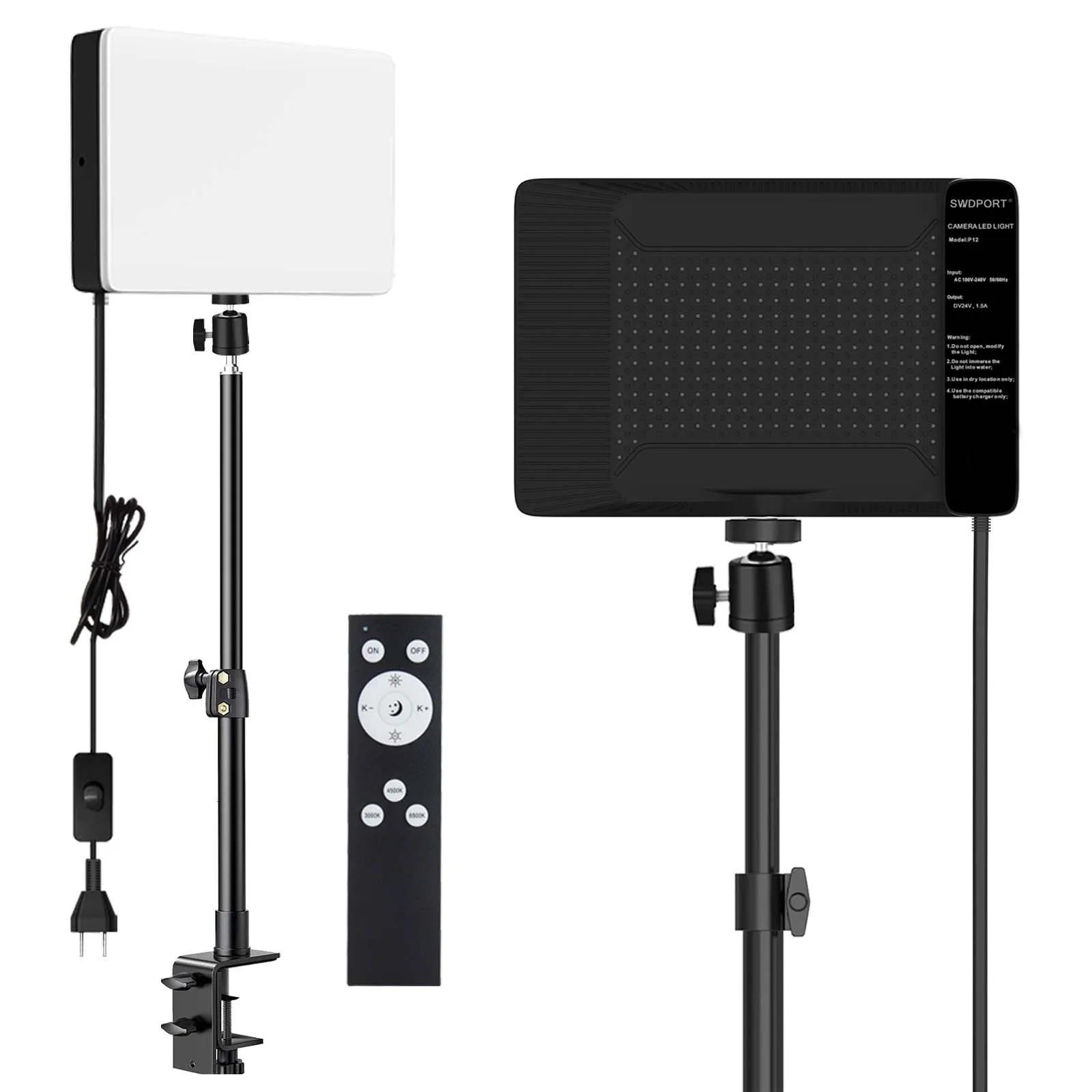 LED Desk Bi-Color Video Light Key Light Studio Streaming Lights Panel Light with Desk Clamp C-Clamp Stand 3800K-6500K Dimmable