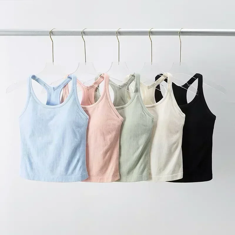 Regata Racerback com nervuras para mulheres, comprimento da cintura, absorção de suor, suporte leve, sutiã embutido, camisas de ioga, desgaste de ginástica de quatro vias