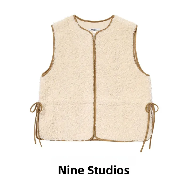 

Adjustable Waist Lamb Velvet Vest Zipper Decorated Women's Top Comfortable Polyester Fiber round Ne Commute Sle Vest