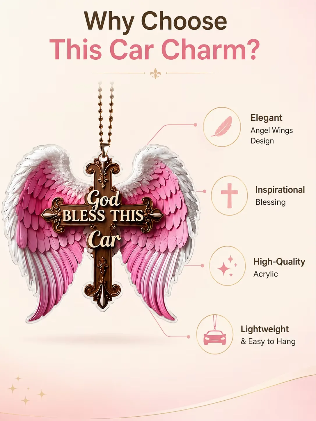 Pink Angel Wings Car Rearview Mirror Ornament God Bless Cross Acrylic Pendant Auto Interior Decor Christian Gift