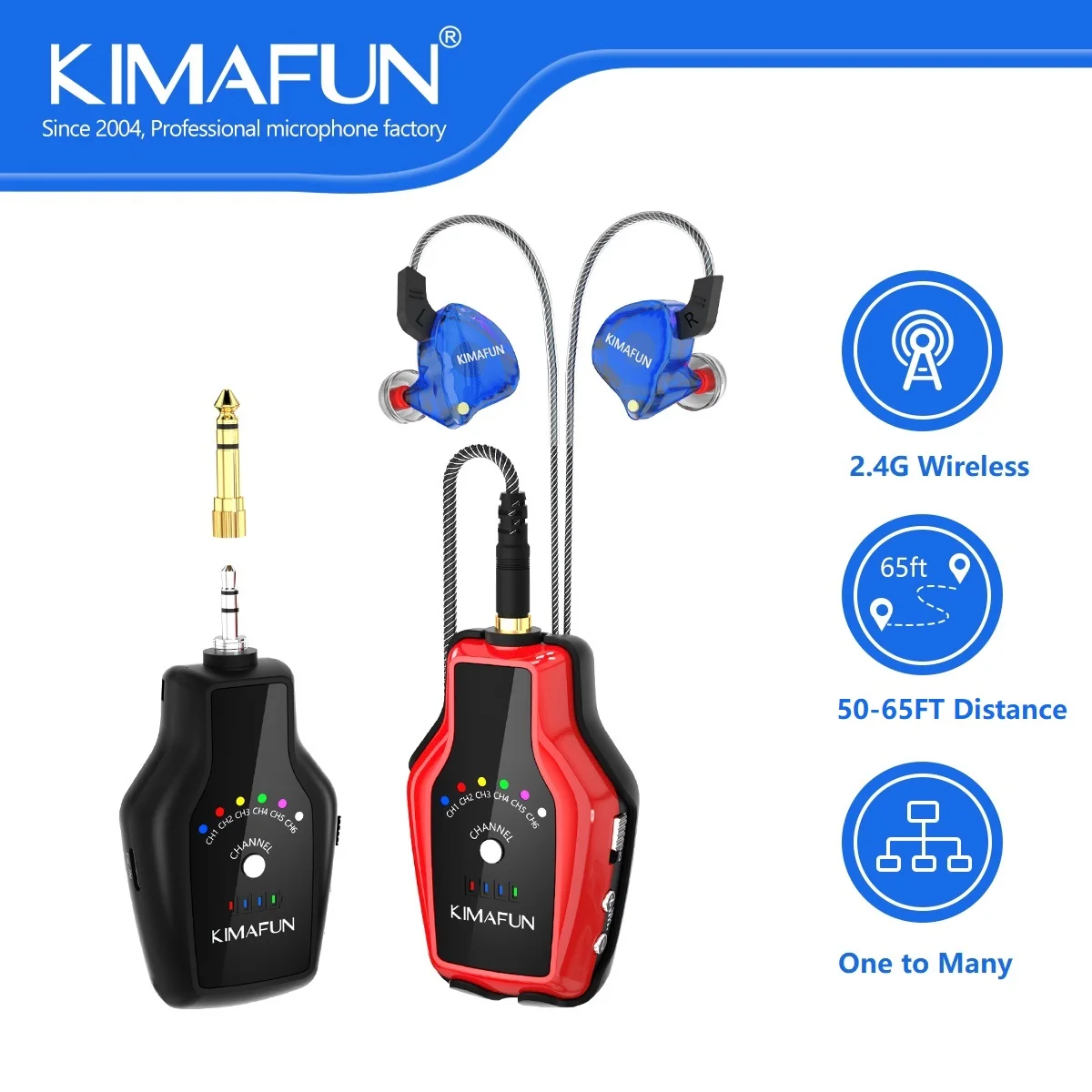 KIMAFUN 2.4G Wireless IEM System in-Ear Audio Monitor Earphone for Stage Performance Band Rehearsal Guitar Amplifier Bass Amp