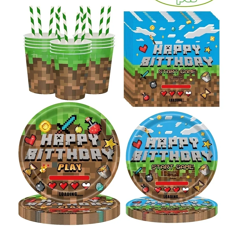 Набор посуды для тематической вечеринки Minecraft Pixel World, бумажная тарелка, детские украшения для дня рождения, принадлежности
