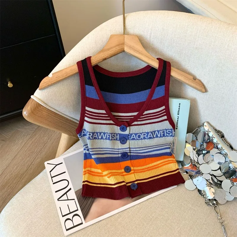 Dopamine Rainbow Stripe Letter Printing Knitted Women's 2024 Summer New Hotsweet Spice Girl Button Sleeveless Tank Top