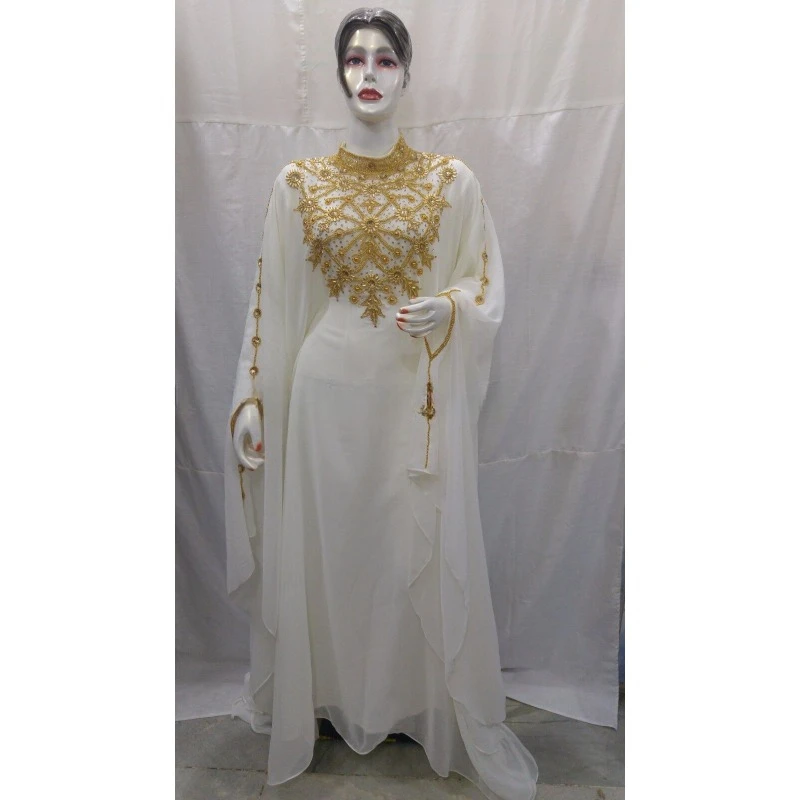 White Royal Moroccan Kaftan Farasha Beach Maxi Abaya Hand Zari Work Caftan Dress