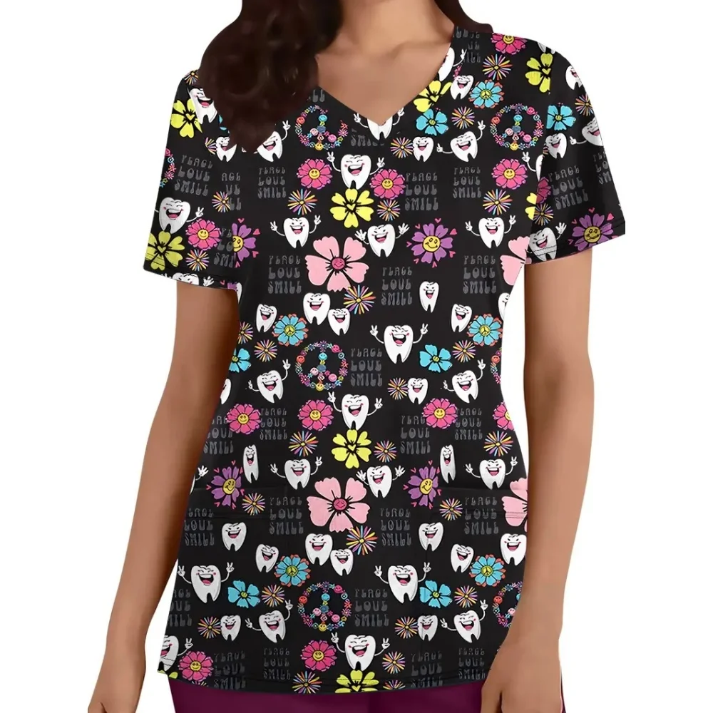 Clinical Uniform Woman Tooth Cartoon Print Microelastic V-Neck Dental Women's Scrub Fashion Short Sleeve Tops Surgical Uniforms