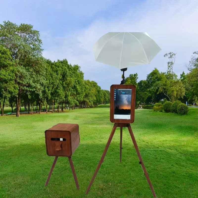 Drewniane lustro do selfie, fotobudka z ekranem dotykowym, kompatybilne z smartfonami i lustrzankami cyfrowymi.