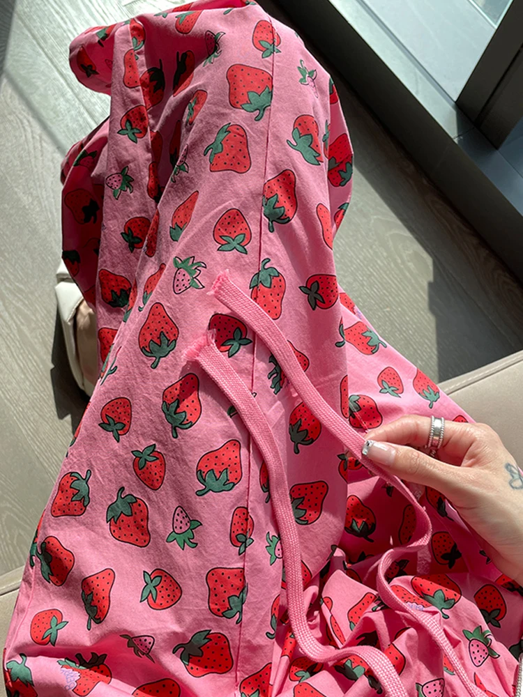 

Summer Thin Wide Leg Pants High Waist Casual Cool Beachwear Printed Straight Cut Loose Nine Points Trousers for Women