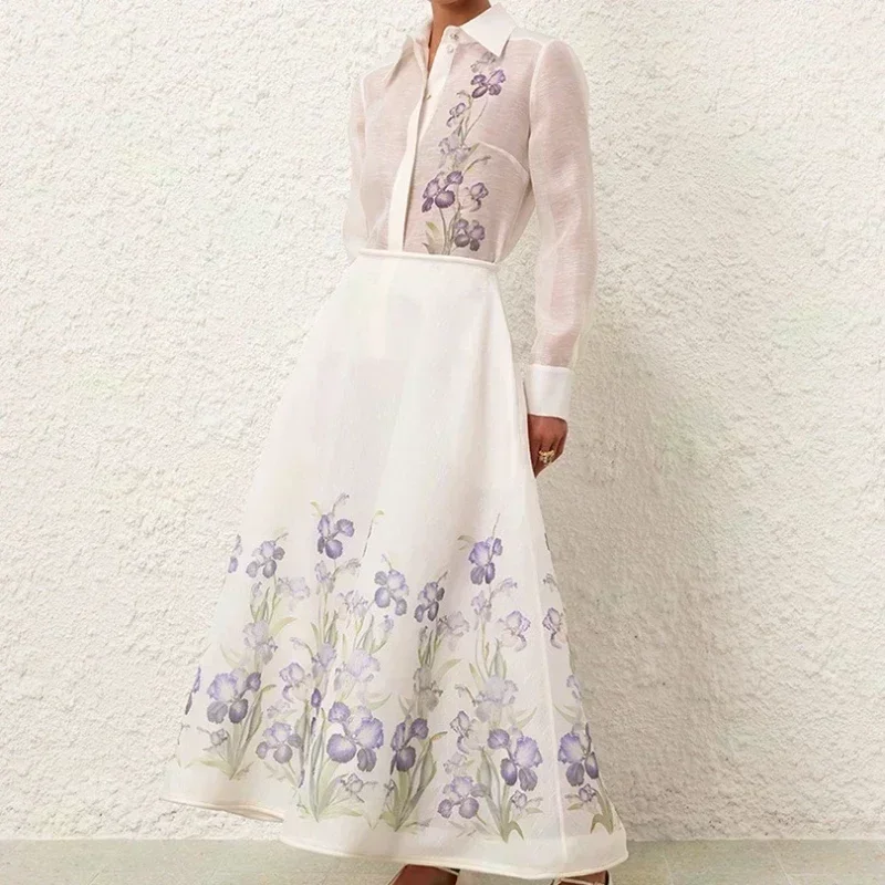 New Collection White Blue Floral Print Long Sleeve Blouse High Waist Midi Skirt Elegant Women Clothing